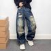 Men's Clothing Men's Trendy Distressed Splatter Painted Patchwork Straight Leg Jeans Loose Fit Wide Leg Trousers High Street Style_mkmklike.com