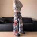 European, American High Street Spring And Autumn Sunset Lace Print Jeans Men's American Street Loose Splicing Floor Pants_mkmklike.com