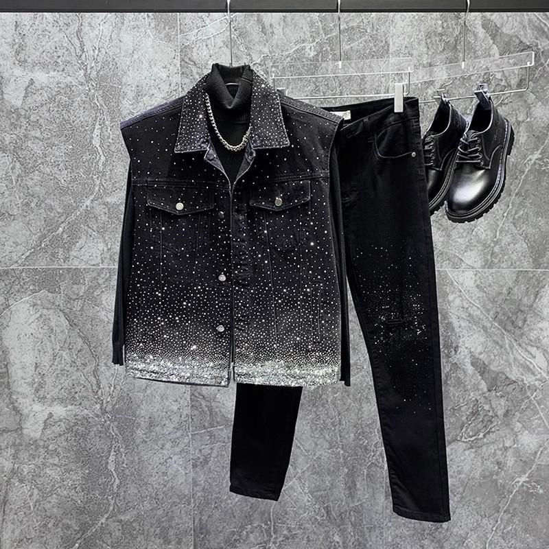 Men's Clothing Hot Drilled Star Studded Denim Vest Jacket Street Rocking And Versatile Loose Sleeveless Vest Vest Trend_mkmklike.com