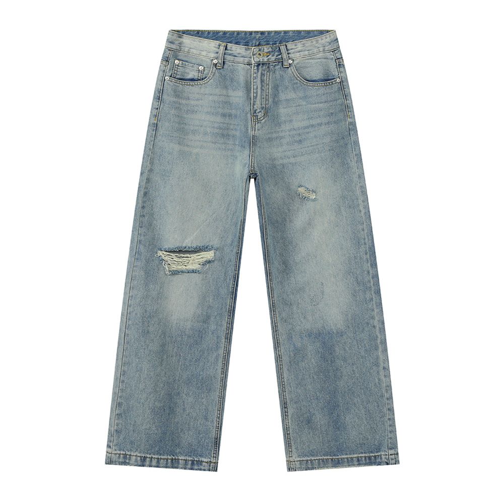 Men's Clothing Distressed High Street Ripped White Loose Wide Leg Vibe Jeans_mkmklike.com