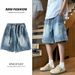 Men's Clothing Temperament Casual Loose Fit Denim Shorts - Harajuku Style Mid-Length Jeans For Streetwear & Urban Fashion (Dark Blue, Light Blue)_mkmklike.com