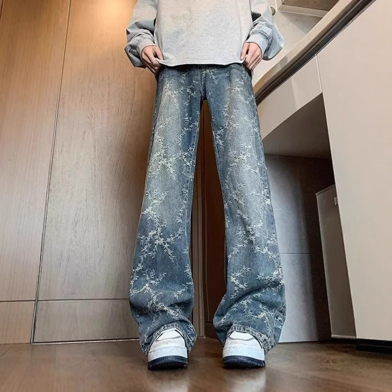 Men's Jacquard Jeans High Street Style Vibe Washed Straight Leg Casual Loose Fit Flared Pants Trendy Cool_mkmklike.com