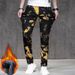 Trendy Brand Gold Print Jeans Men, Personalized Slim Fit Skinny Pants, Street Style Youth Casual Stretch Fleece-Lined_mkmklike.com