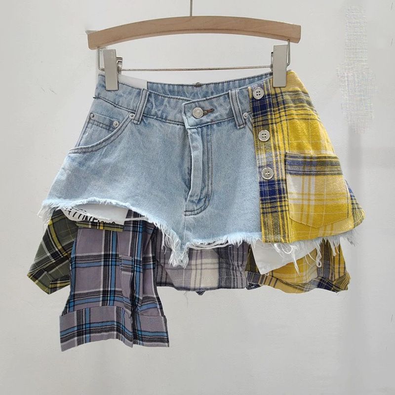 American Retro Plaid Patchwork Design Spring And Summer New High Waist A Line Denim Irregular Skirt Women's Trend _mkmklike.com
