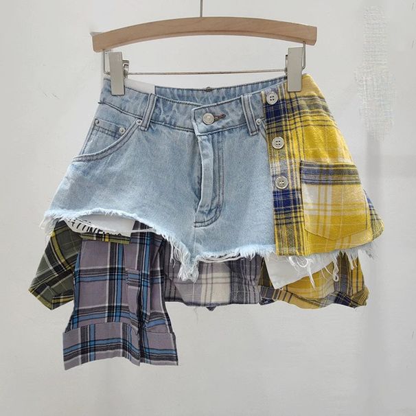 American Retro Plaid Patchwork Design Spring And Summer New High Waist A Line Denim Irregular Skirt Women's Trend _mkmklike.com