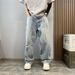 Men's Distressed Ripped Painted Jeans High Street Style Relaxed Drape Straight Wide Leg Casual Washed Finish_mkmklike.com