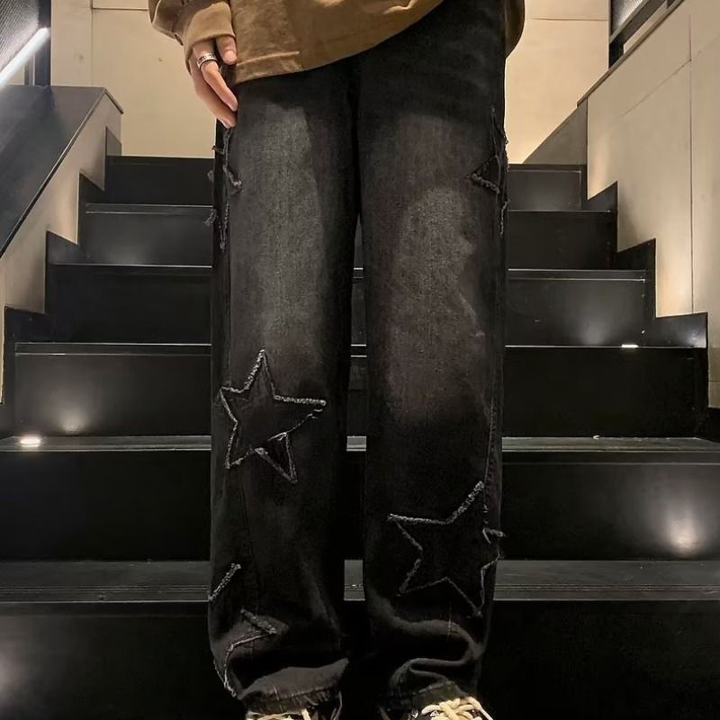 Men's Retro Star Patch Jeans High Street Style Trendy Washed Loose Straight Leg Wide Leg Trousers Mid Waist_mkmklike.com
