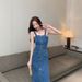 ELLE 2024 Age-Reducing Women's Retro Hong Kong Style Top Denim Strap Set Waist-Cinching Mid-Length Camisole Dress_mkmklike.com