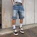 Washed Distressed Patchwork Denim Shorts Loose Fit Straight Leg Low Waist Blue Summer Fashion_mkmklike.com