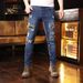 Men's Slim Fit Skinny Jeans Elastic Pleated Patchwork Ripped with Appliques Cross Border New AM_mkmklike.com