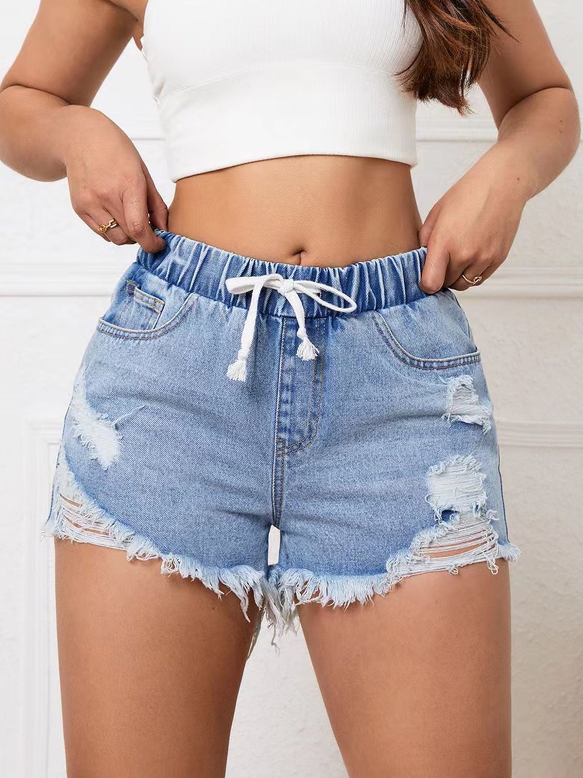M1-35753 # European And American Foreign Trade Cross-border Women's Fashion Slim-fit Elastic Waist Denim Shorts_mkmklike.com
