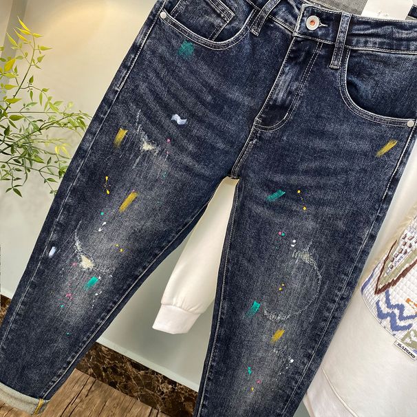 Men’S Splatter Paint & Patchwork Skinny Jeans – Distressed Stretch Denim Pants, Slim Fit, Streetwear Fashion (28-38, Blue)_mkmklike.com