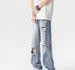 Heavy Straight Vibe Wind Ripped Jeans Boys 2024 New Trendy Brand Loose Casual Beggar Slightly Pulled Trousers_mkmklike.com