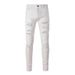 White Diamond Embellished Ripped Patch High Street Elastic Slim Fit Jeans Men's Pants_mkmklike.com