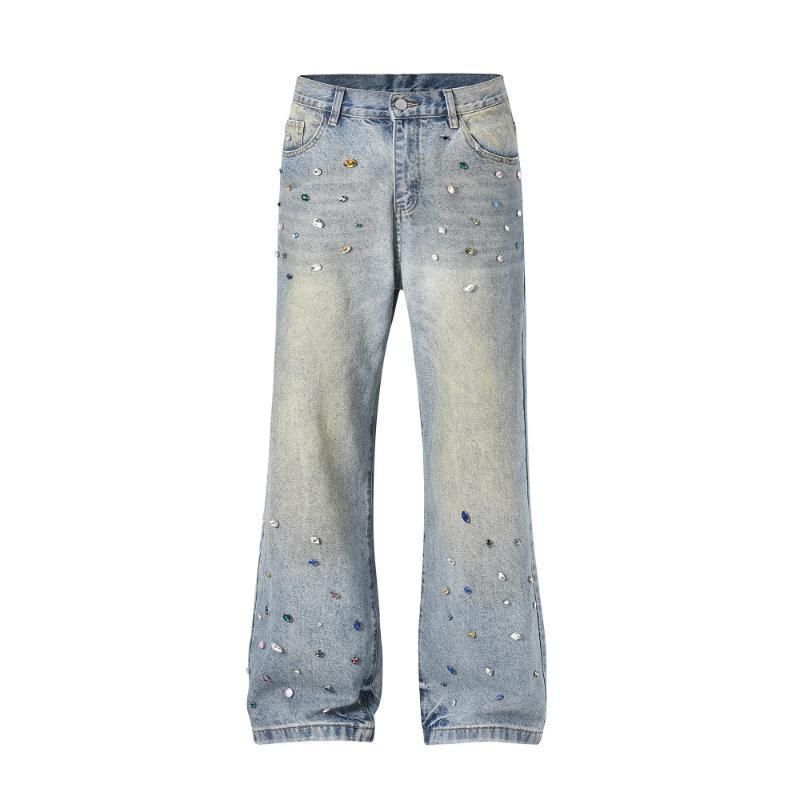 Retro Baggy Men's Jeans With Rhinestone Details, Oversized Loose Fit Denim Pants For Streetwear & Hip-Hop Style, Comfortable Cotton Blend Trousers_mkmklike.com