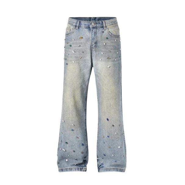 Retro Baggy Men's Jeans With Rhinestone Details, Oversized Loose Fit Denim Pants For Streetwear & Hip-Hop Style, Comfortable Cotton Blend Trousers_mkmklike.com