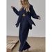 Women's Clothing long sleeved temperament commuter skin color linen solid color slit long shirt and wide leg pants set_mkmklike.com