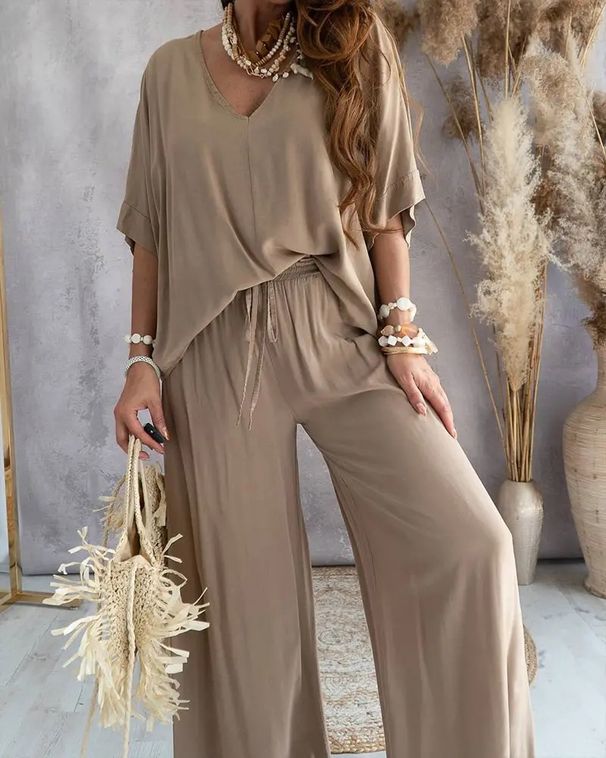 Women's Clothing V neck bat sleeve top casual pants set_mkmklike.com