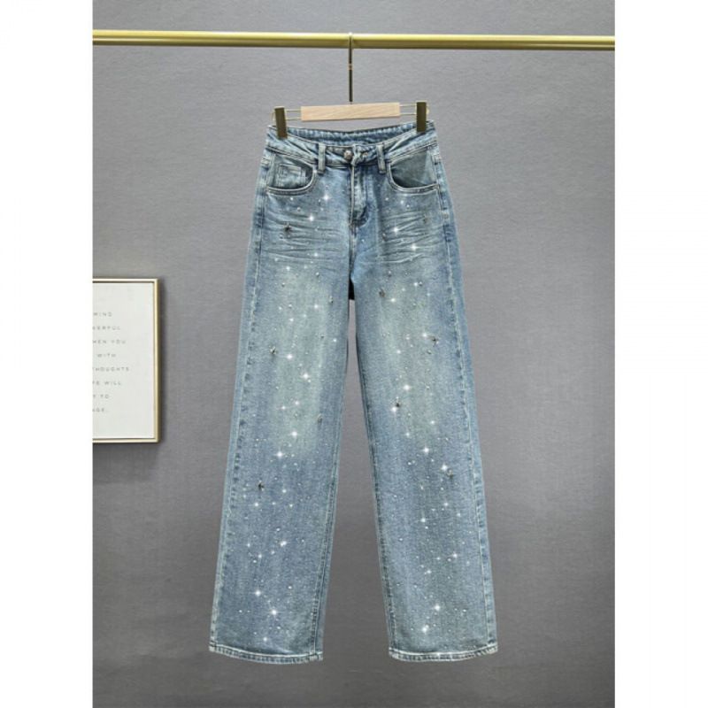 High-Waisted Straight Leg Jeans For Women - Stretch Denim Pants With Star Rhinestone Embellishments & Classic Blue Wash_mkmklike.com