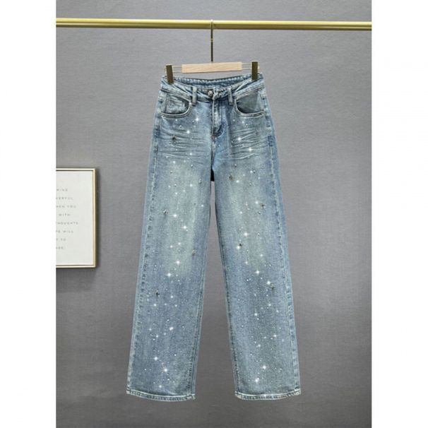 High-Waisted Straight Leg Jeans For Women - Stretch Denim Pants With Star Rhinestone Embellishments & Classic Blue Wash_mkmklike.com