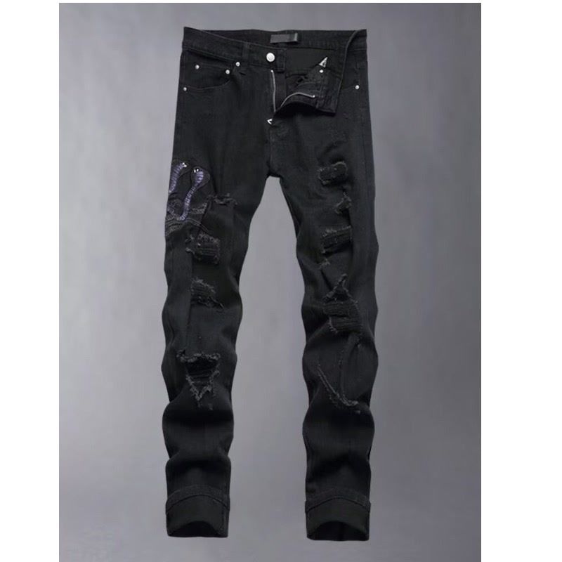 Men's Black Stretch Skinny Jeans Ripped Details Leather Patches Distressed Denim Casual Wear Pants_mkmklike.com