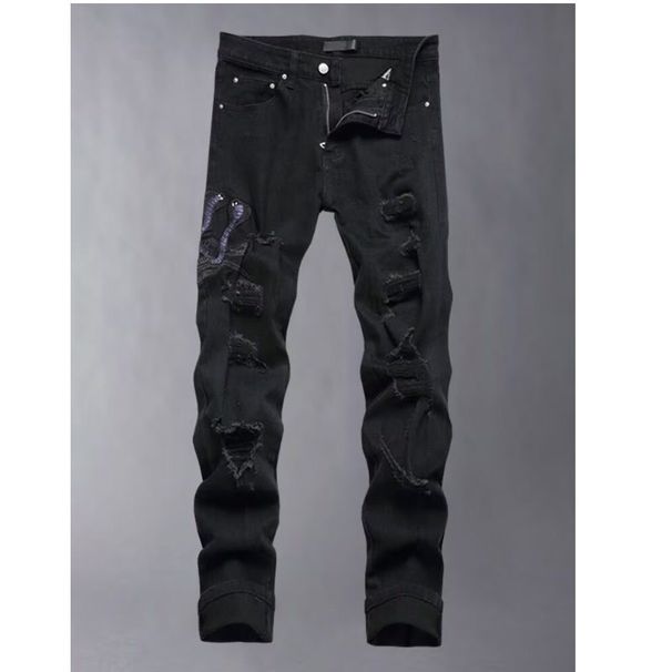 Men's Black Stretch Skinny Jeans Ripped Details Leather Patches Distressed Denim Casual Wear Pants_mkmklike.com