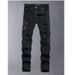 Men's Black Stretch Skinny Jeans Ripped Details Leather Patches Distressed Denim Casual Wear Pants_mkmklike.com