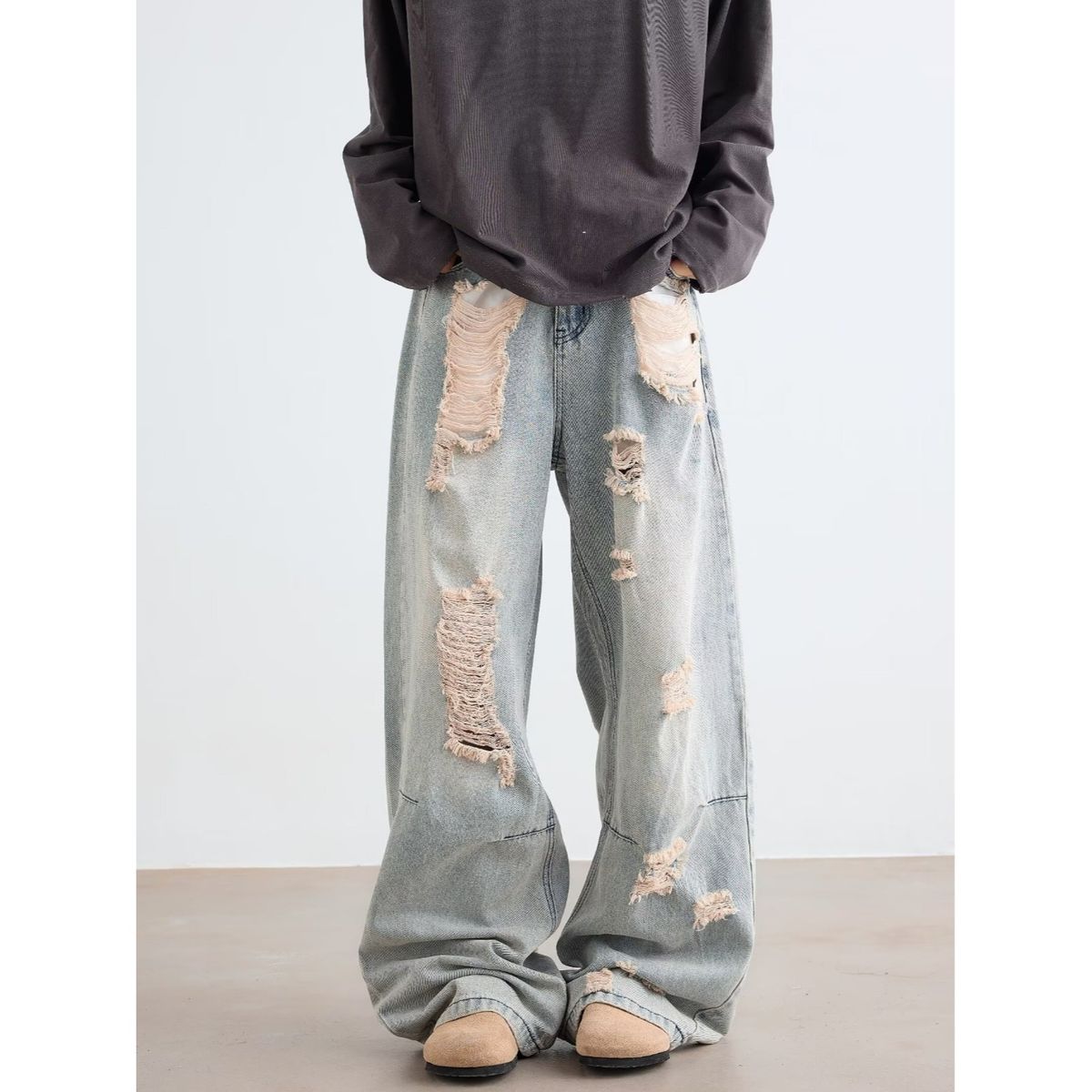 Light Blue Washed Ripped Beggar Pants Men And Women Loose Street Design Fashionable Jeans_mkmklike.com