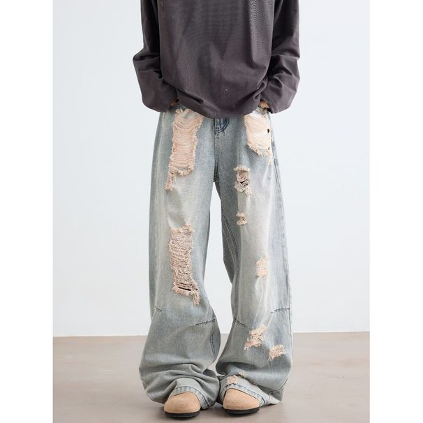 Light Blue Washed Ripped Beggar Pants Men And Women Loose Street Design Fashionable Jeans_mkmklike.com