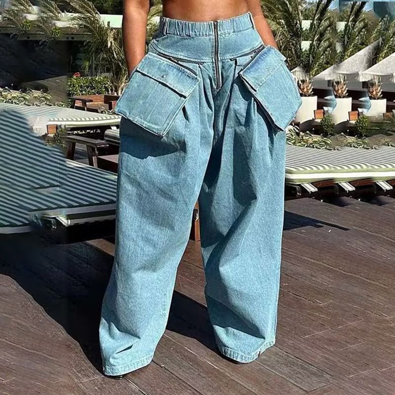 High Waisted Wide Leg Cargo Jeans For Women – Comfortable Loose Fit Denim Pants With Large Pockets, Slimming & Stylish For Petite_mkmklike.com