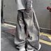 Men's Trendy Cool Versatile Casual Wide Leg Jeans Black Gray Washed Paint Splatter Loose Fit American Retro Style_mkmklike.com