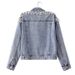 Women's Distressed Denim Jacket With Rhinestone Details, Oversized Fit, Cotton Blend, Streetwear Fashion, Casual Short Coat For Fall Winter_mkmklike.com