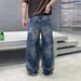 Unisex Baggy Jeans In Frost Blue Wash – Oversized Straight-Leg Vintage Denim Pants With Distressed Detailing_mkmklike.com