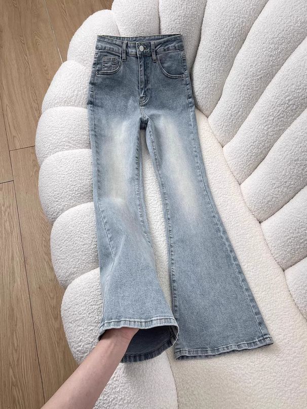 Women's Clothing High-Waisted Washed Flared Jeans Stretchy Slimming Light Colored Flared Pants For Pear Shaped And Petite Figures Spring Style_mkmklike.com