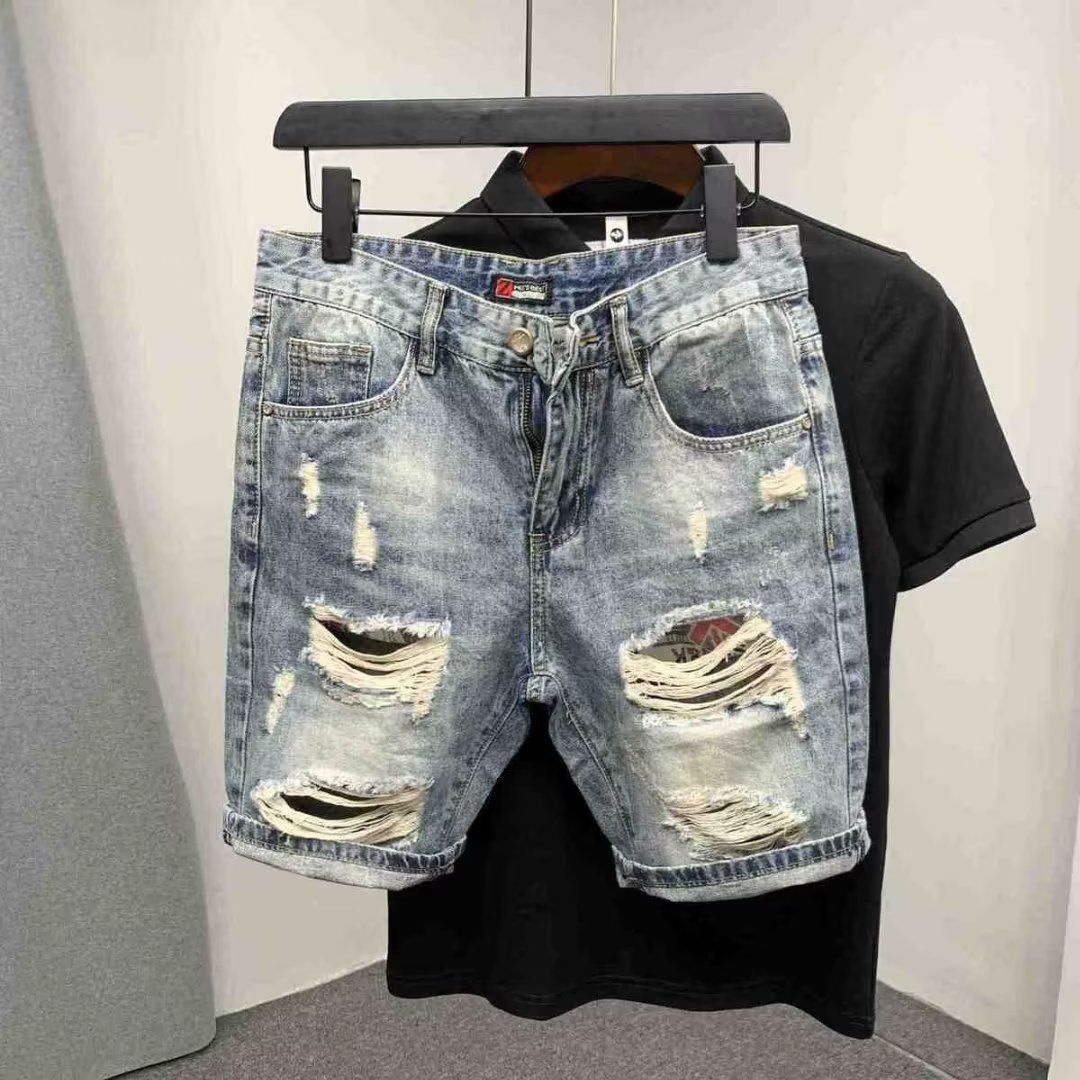 Man's clothing Men's denim shorts straight leg loose trend summer ripped thin pants fashion brand five quarter pants_mkmklike.com