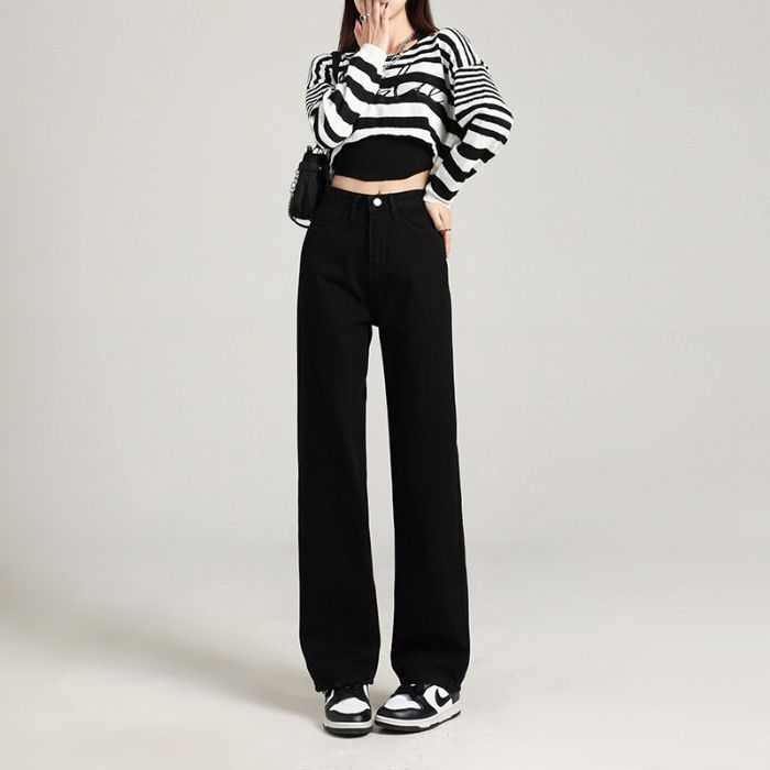 Black High-waisted Wide-g Jeans For Women, Straight Cut, Loose Fit, Slimming, Floor-ngth Pants, Casual And_mkmklike.com
