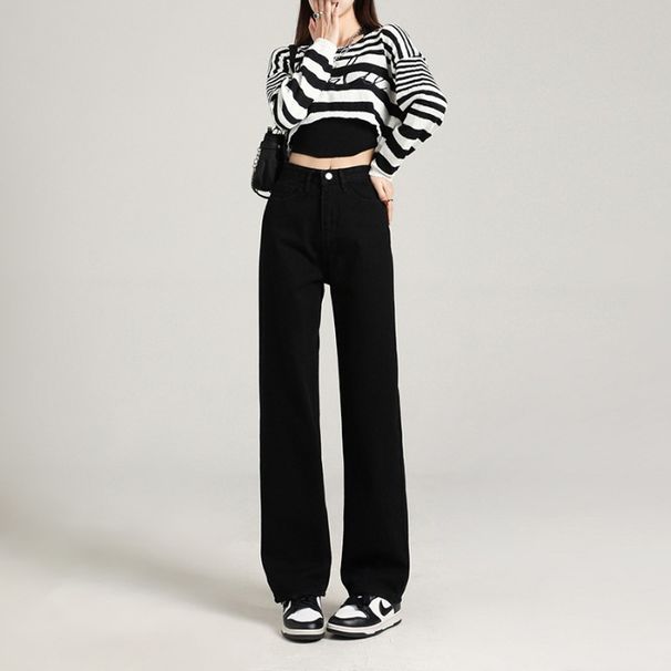 Black High-waisted Wide-g Jeans For Women, Straight Cut, Loose Fit, Slimming, Floor-ngth Pants, Casual And_mkmklike.com