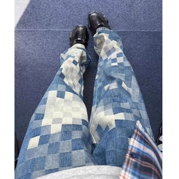 Mosaic Checkerboard Patchwork Jeans - Retro Vintage Vibe Straight Slim Bootcut Pants For Men & Women_mkmklike.com