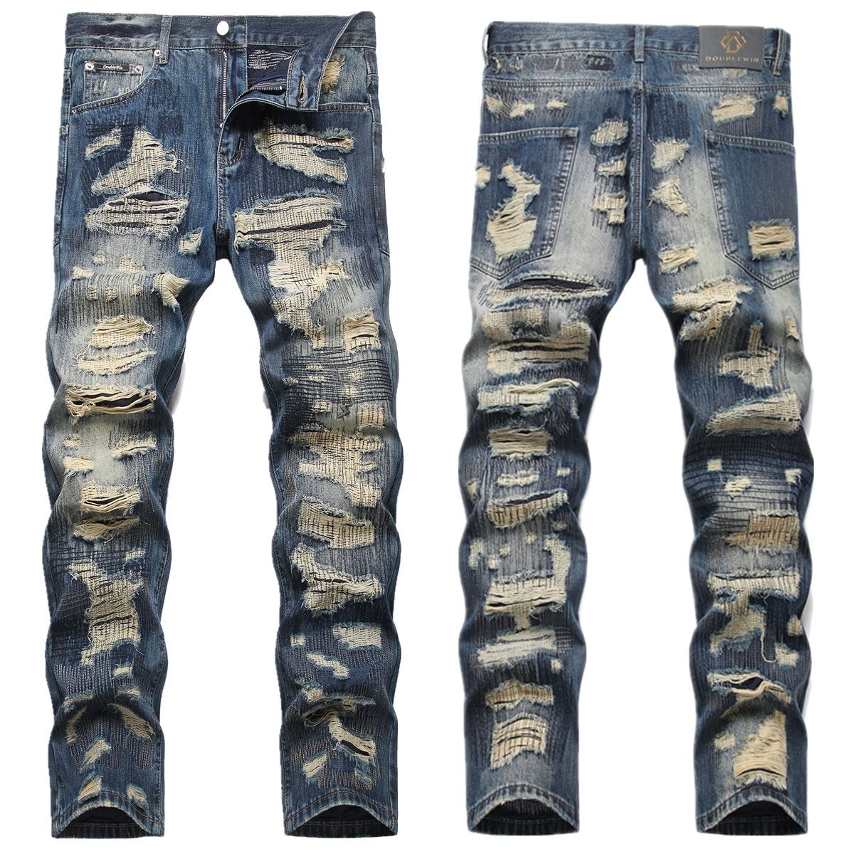 New In-Stock American Street Style Distressed Patchwork Vintage Punk Original Trendy Youth Men's Straight-Leg Jeans_mkmklike.com