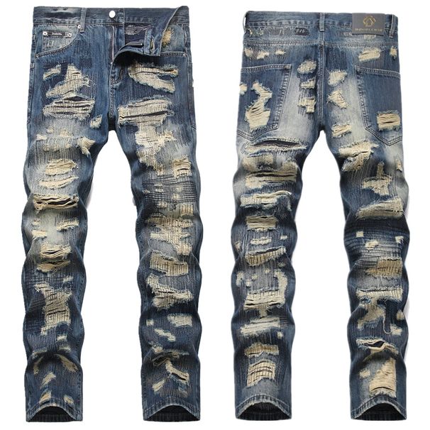 New In-Stock American Street Style Distressed Patchwork Vintage Punk Original Trendy Youth Men's Straight-Leg Jeans_mkmklike.com