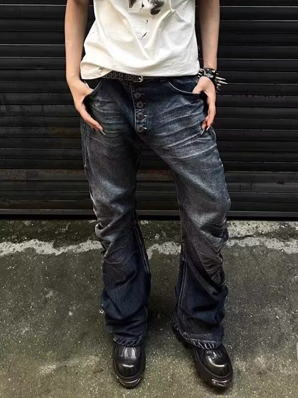 Men's Retro Button Down Jeans Color Block Whiskered Straight Leg Slim Fit Casual Long Pants_mkmklike.com