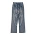 Men's Clothing street retro patch embroidered washed jeans for men and women high street straight loose men and women raw edge trousers_mkmklike.com