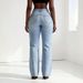High Waisted Women's Jeans European American Style Metallic Cutout Washed Straight Leg Floor Length Denim_mkmklike.com