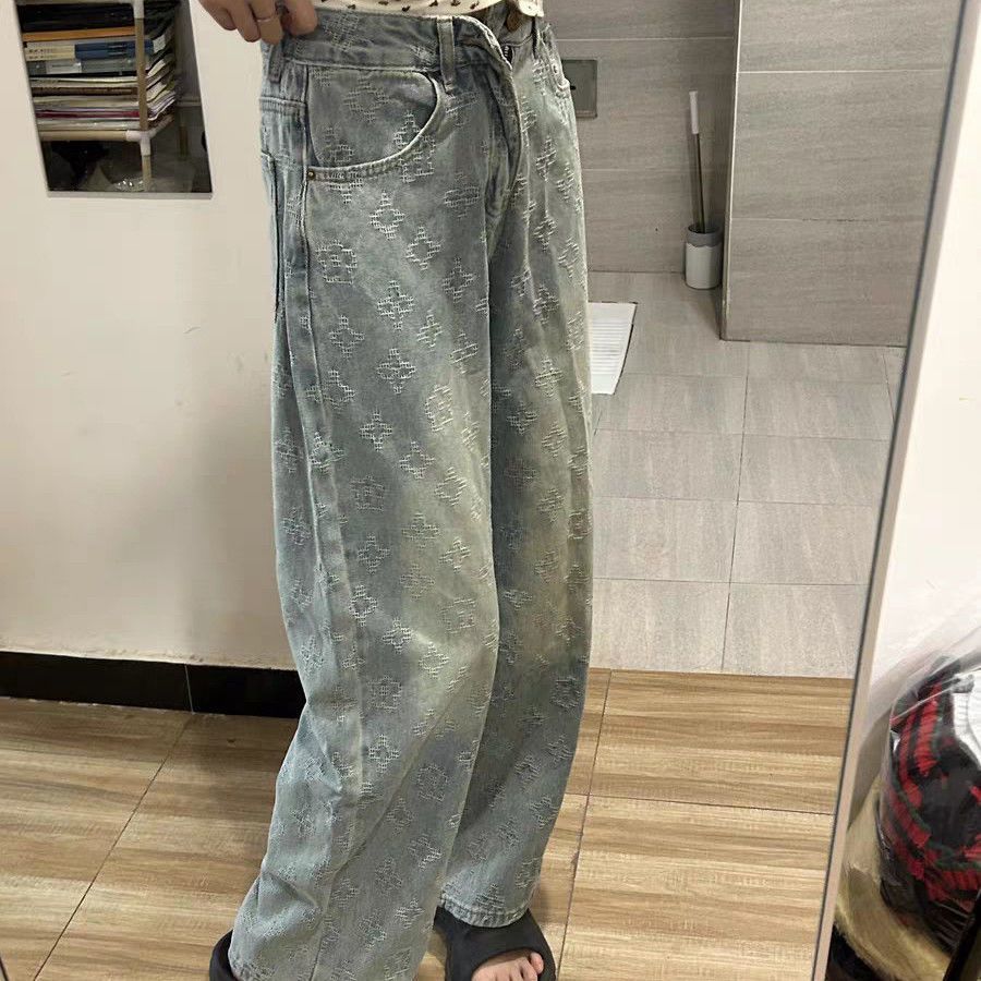 Light Color Jacquard Straight Jeans For Women 2025 Autumn High Waist Versatile Loose Slimming Petite Wide Leg_mkmklike.com