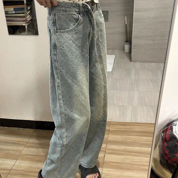 Light Color Jacquard Straight Jeans For Women 2025 Autumn High Waist Versatile Loose Slimming Petite Wide Leg_mkmklike.com