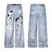 Men's Loose Wide Leg Jeans Retro High Street Style Trendy Cartoon Dog Print Design Casual Denim Pants_mkmklike.com