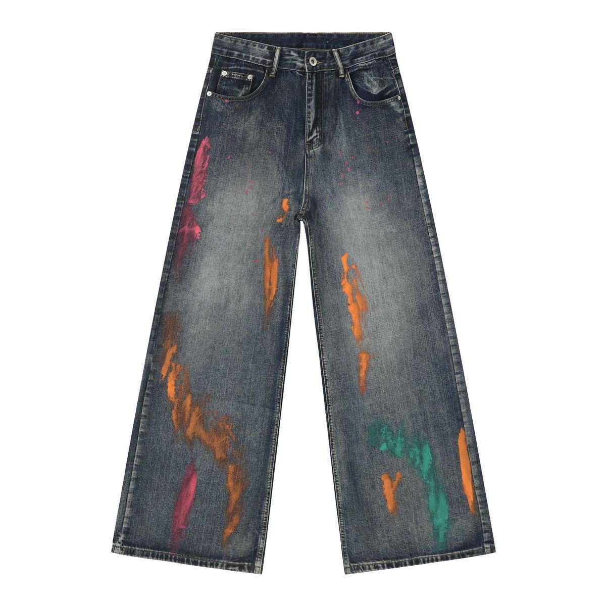 Men's Hand-Painted Straight Leg Jeans – Loose Fit Wide Leg Streetwear Pants (XS-XL, Blue & Light Blue)_mkmklike.com