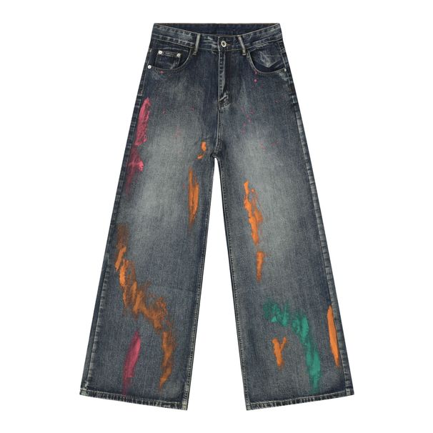 Men's Hand-Painted Straight Leg Jeans – Loose Fit Wide Leg Streetwear Pants (XS-XL, Blue & Light Blue)_mkmklike.com