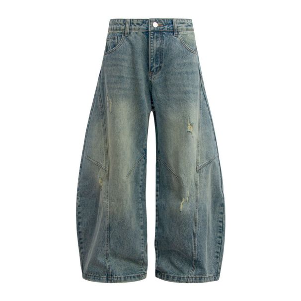Washed Denim Long Men Punk Side Pleated Design Scimitar Wide Leg Distressed Frayed Dad Pants Trendy_mkmklike.com