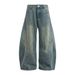 Washed Denim Long Men Punk Side Pleated Design Scimitar Wide Leg Distressed Frayed Dad Pants Trendy_mkmklike.com